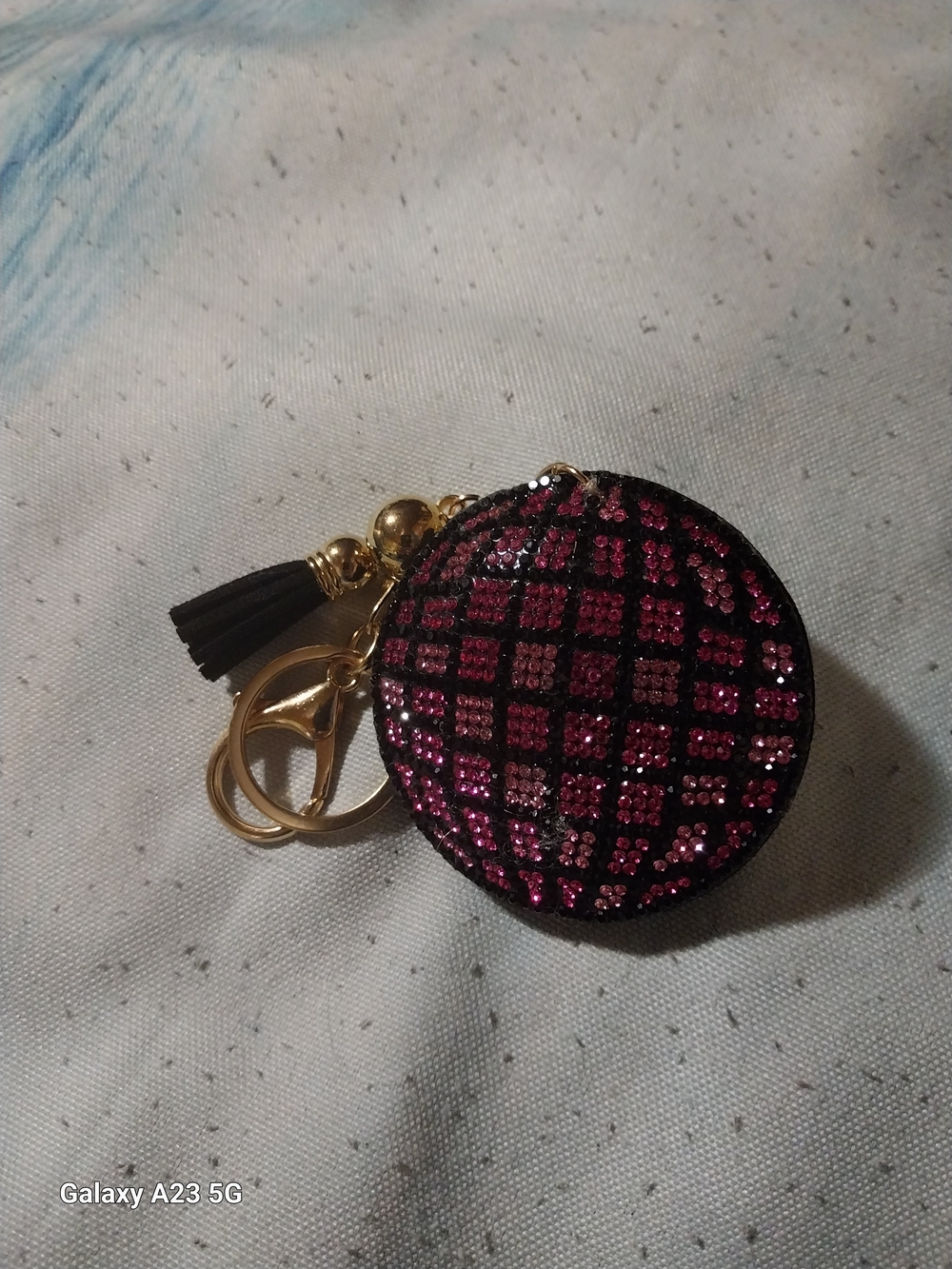 Black & Pink 3D Bling  Round Geometric Bag Charm/Keychain W/Tassel